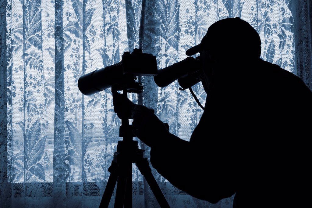 MAN WITH BINOCULARS AND CAMERA WITH LONG LENS LOOKING OUT OF WINDOW THROUGH NET CURTAINS