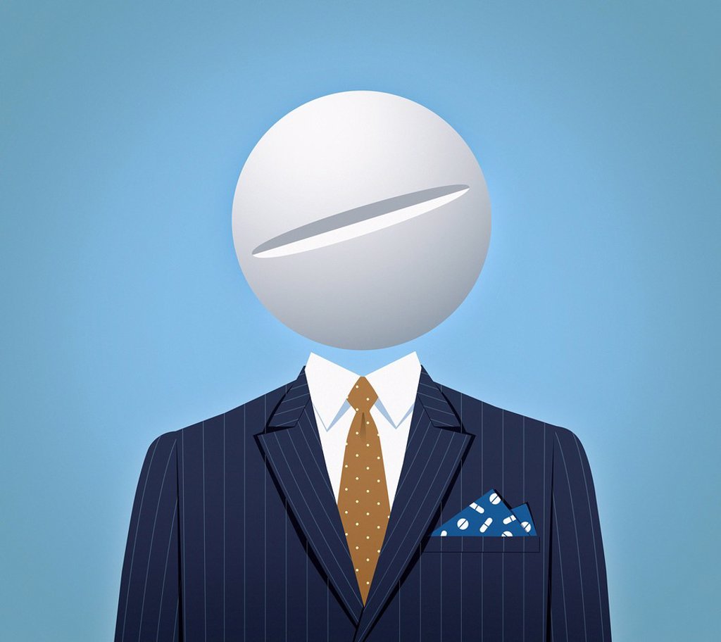 BUSINESSMAN WITH LARGE PILL FOR HEAD AND PILLS ON BREAST POCKET HANDKERCHIEF