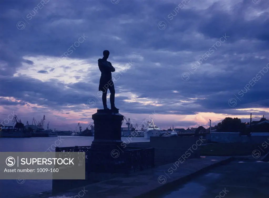 Silhouette of a statue at dusk, St. Petersburg, Russia