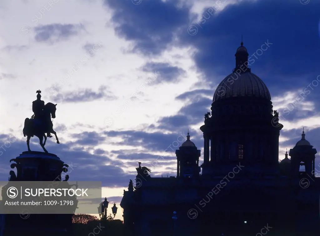 Silhouette of a cathedral at dusk, St. Isaac's Cathedral, St. Petersburg, Russia