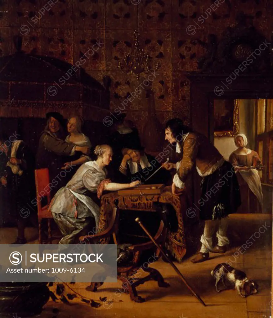 A Game of Backgammon by Jan Steen, oil on wood panel, 1667, 1626-1679, Russia, St. Petersburg, Hermitage Museum