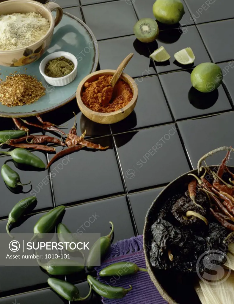 High angle view of assorted vegetables and spices