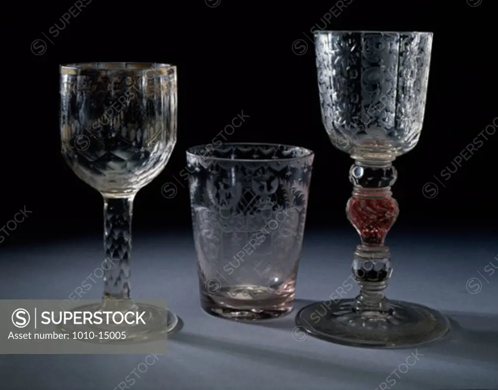 Continental Engraved Blown Glass Goblet, Austro-Hungarian Blown Glass Beaker and Crystal Goblet Artist Unknown Private Collection 