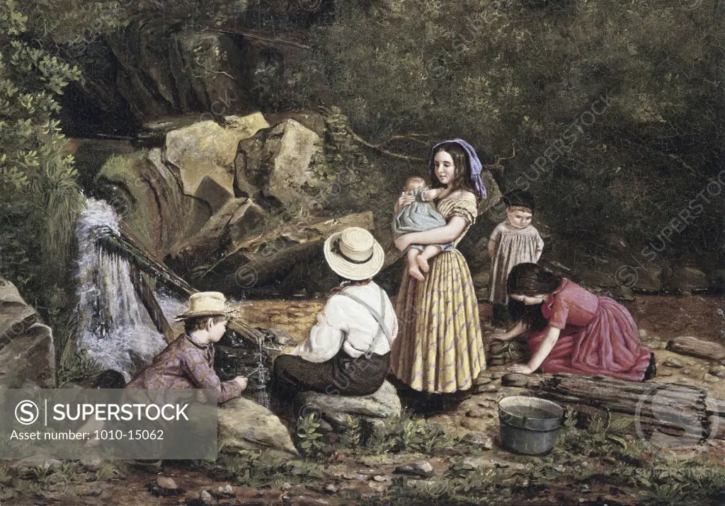 Children Playing by a Brook  Attributed to Jerome B. Thompson (1814-1886 American) Oil on canvas 
