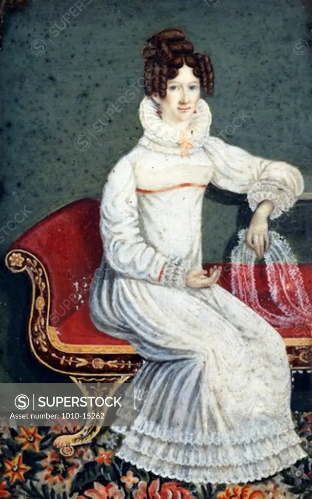 Portrait of Young Woman on Empire Sofa by unknown American artist, watercolor on ivory, 19th century