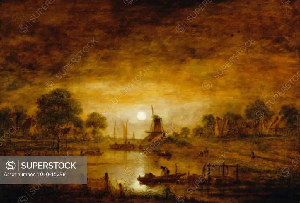Title Unknown (Boats at Sunset with Windmill) Aert van der Neer (1603-1677 Dutch) 