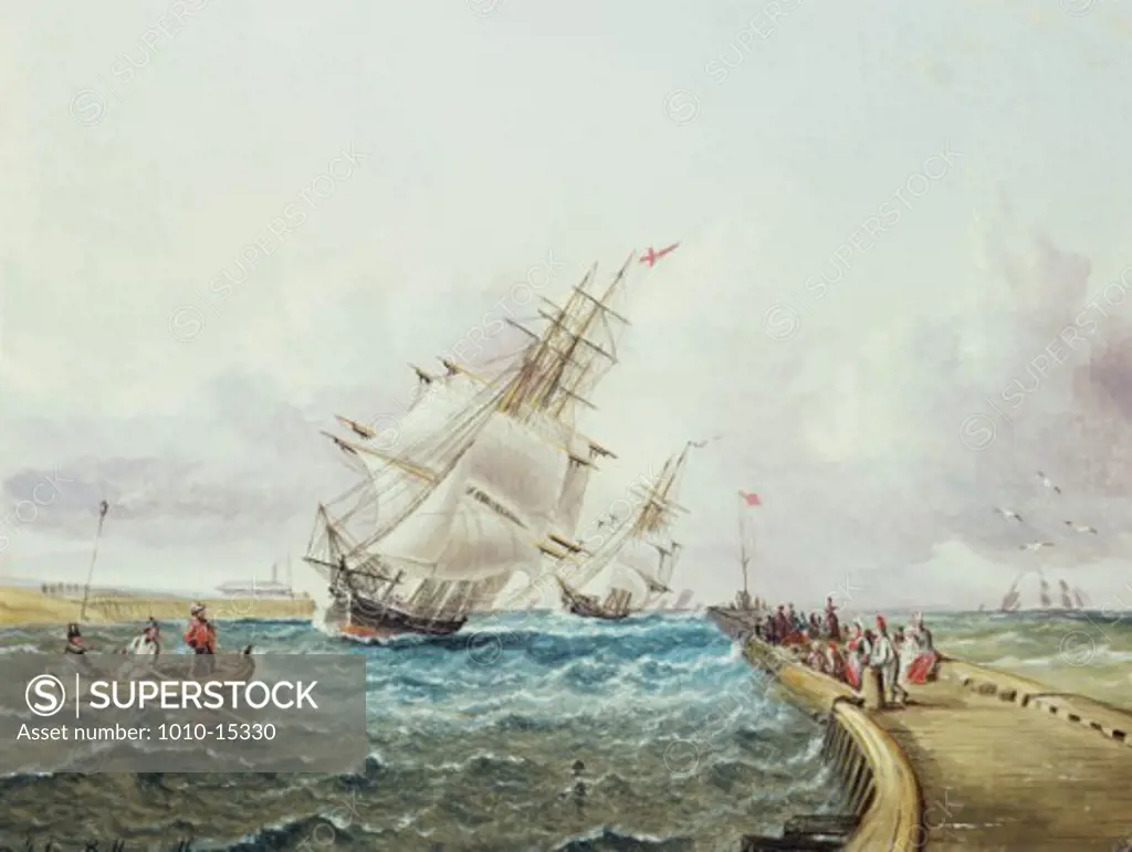 Square Rigged Ships off Jetty James E. Buttersworth (1817-1894 American) 