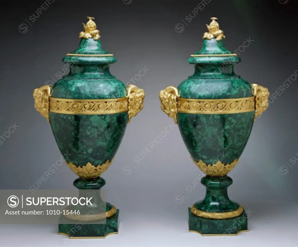 French Malachite Covered Urns 19th C. Antiques-Housewares 