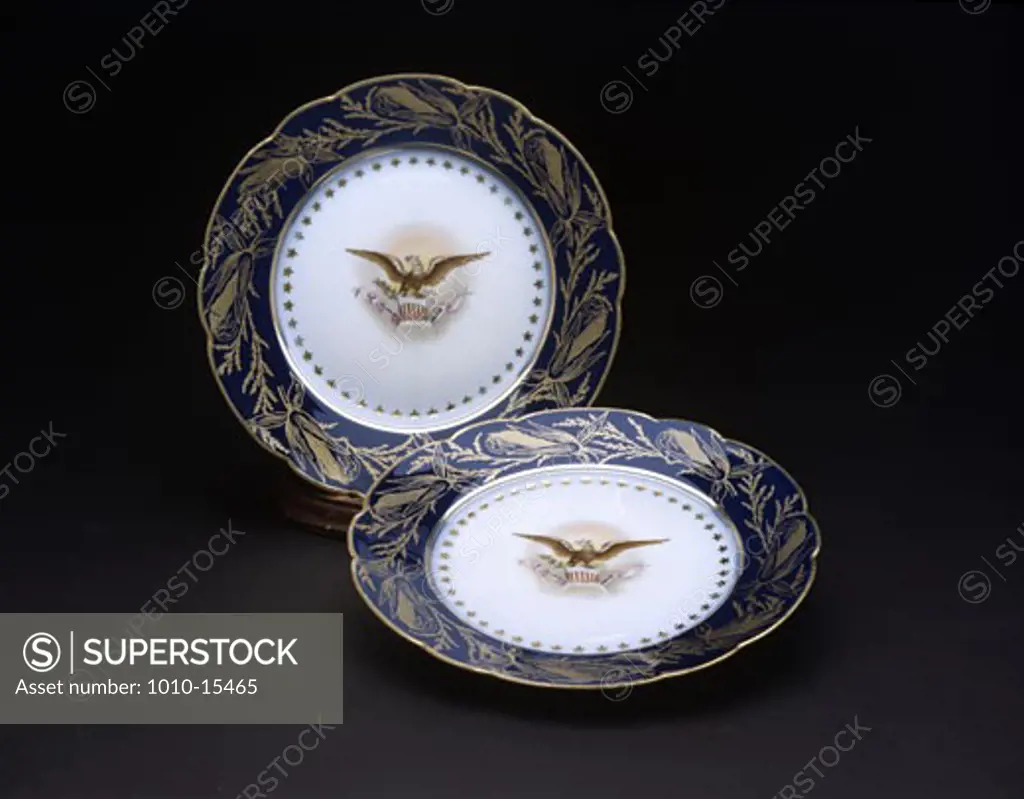 Antique plates, Limoges bread and butter with presidential seal, for President Benjamin Harrison