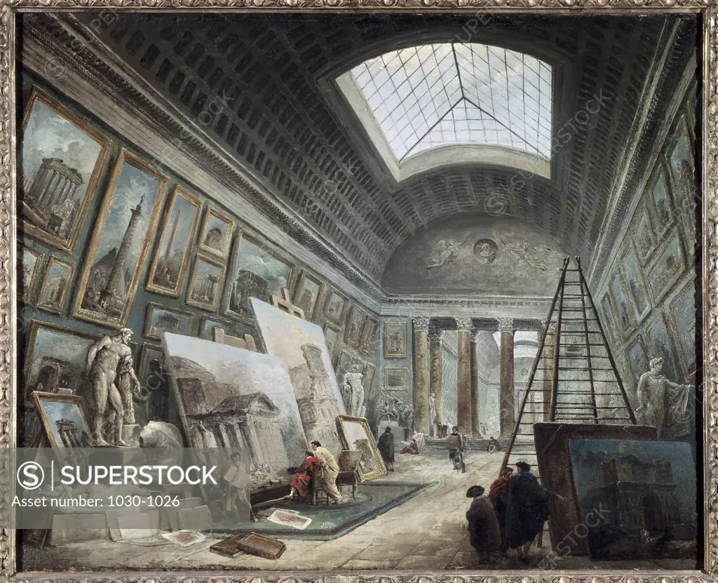 A Gallery Of The Museum Devoted To Ancient Roman Art (Imaginary View Of The Grand Gallery Of The Louvre) Before 1800 Hubert Robert (1733-1808 French) Oil On Canvas Musee du Louvre, Paris, France