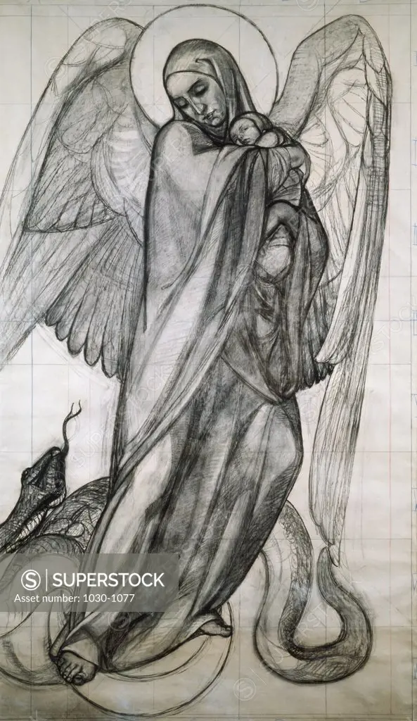 Virgin of the Apocalypse (Vierge de l'Apocalypse) 1925  Valentine Reyre (1889-1943/French)  Charcoal and crayon Private Collection   