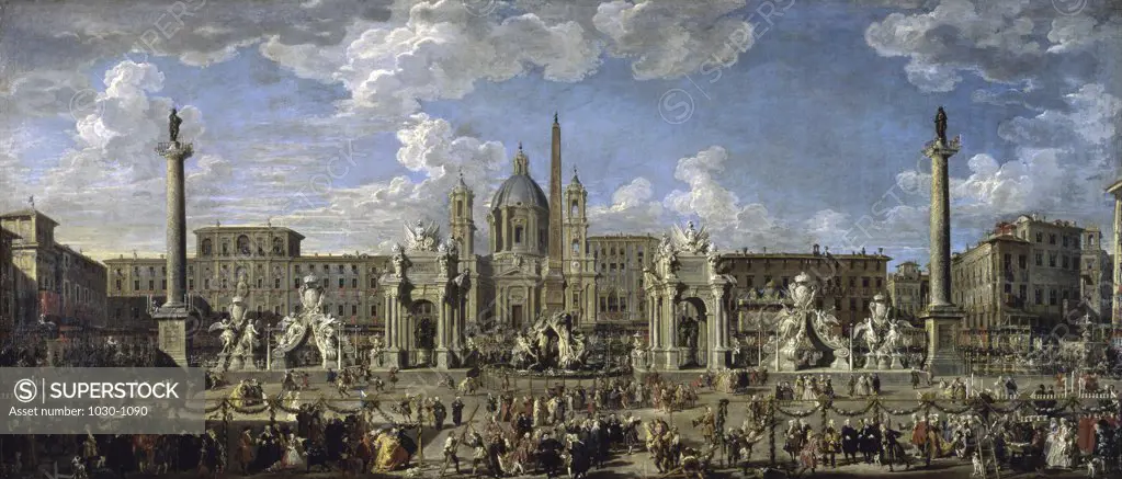 Preparations of the Festival Given in Navone City Square in Rome in 1729, On The Occasion of The Birth of Louis, Dauphin of France Giovanni Paolo Panini (1692-1765 Italian) Oil on canvas Musee du Louvre, Paris 