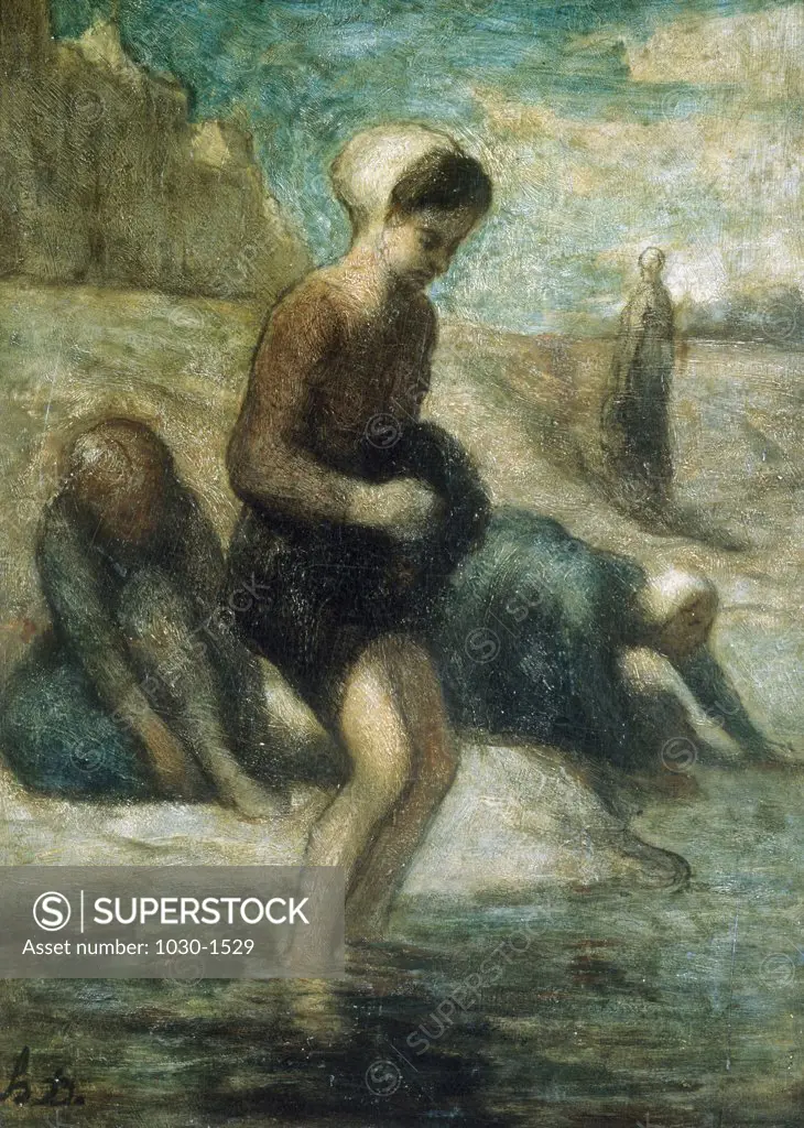 On the Water's Edge  (Young Girls Bathing)  Au Bord de l'Eau  (Jeunes Filles se Baignant) } Honore Daumier (1808-1879/French) Oil on canvas   Museum of Modern Art, Troyes, France 