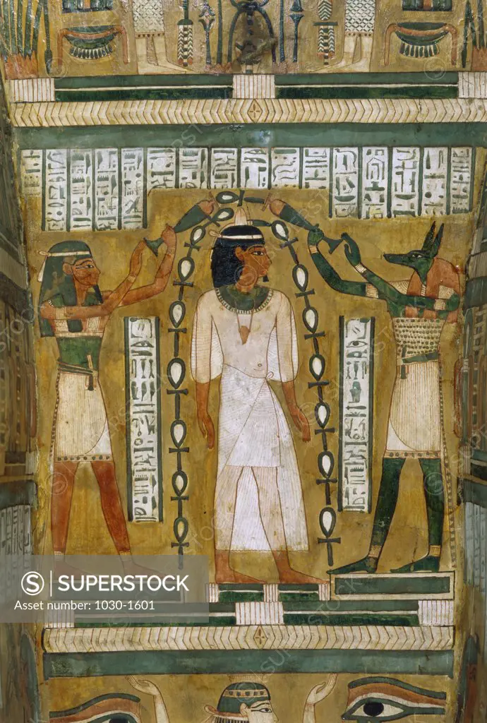 Interior of a Sarcophagus: The Deceased Annubis, The Goddess Mait  Fresco Egyptian  Art Musee du Louvre, Paris 