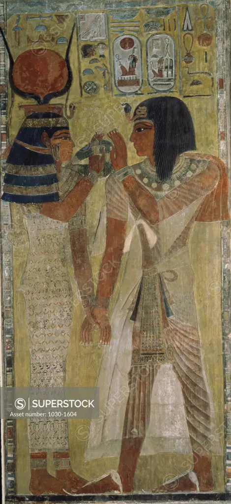 Goddess Hathor Giving the Magic Necklace to Seti I  1314-2000 BC  Egyptian Art Mural Painting  Musee du Louvre, Paris