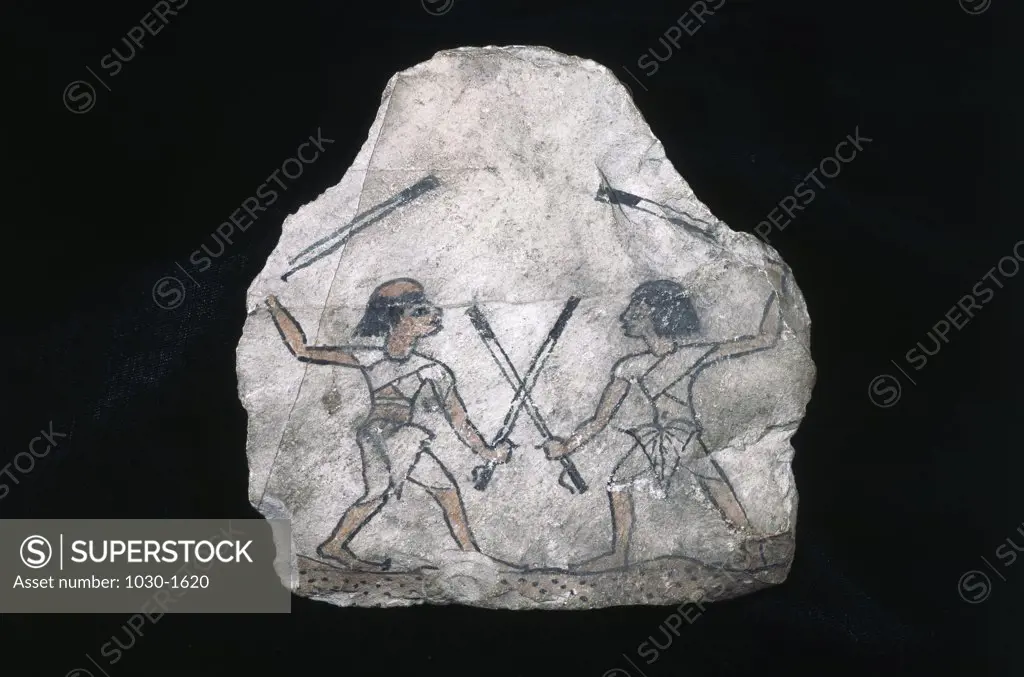 Ostrakon. Lutte Au Baton Ostrakon. Sword Fight 1314-1200 BC Egyptian Art Painting Musee du Louvre, Paris, France