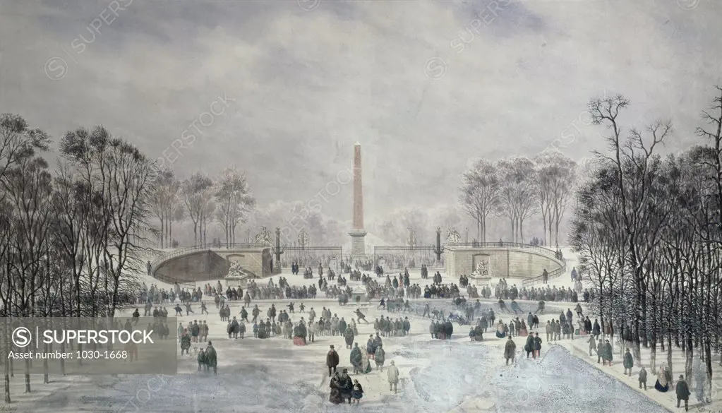 Patinage Sur Le Grand Bassin Des Tuileries Skating On The Great Lake Of Tuileries C.1865 Theodore Jung (1803-1865 French) Watercolor Musee Carnavalet, Paris, France