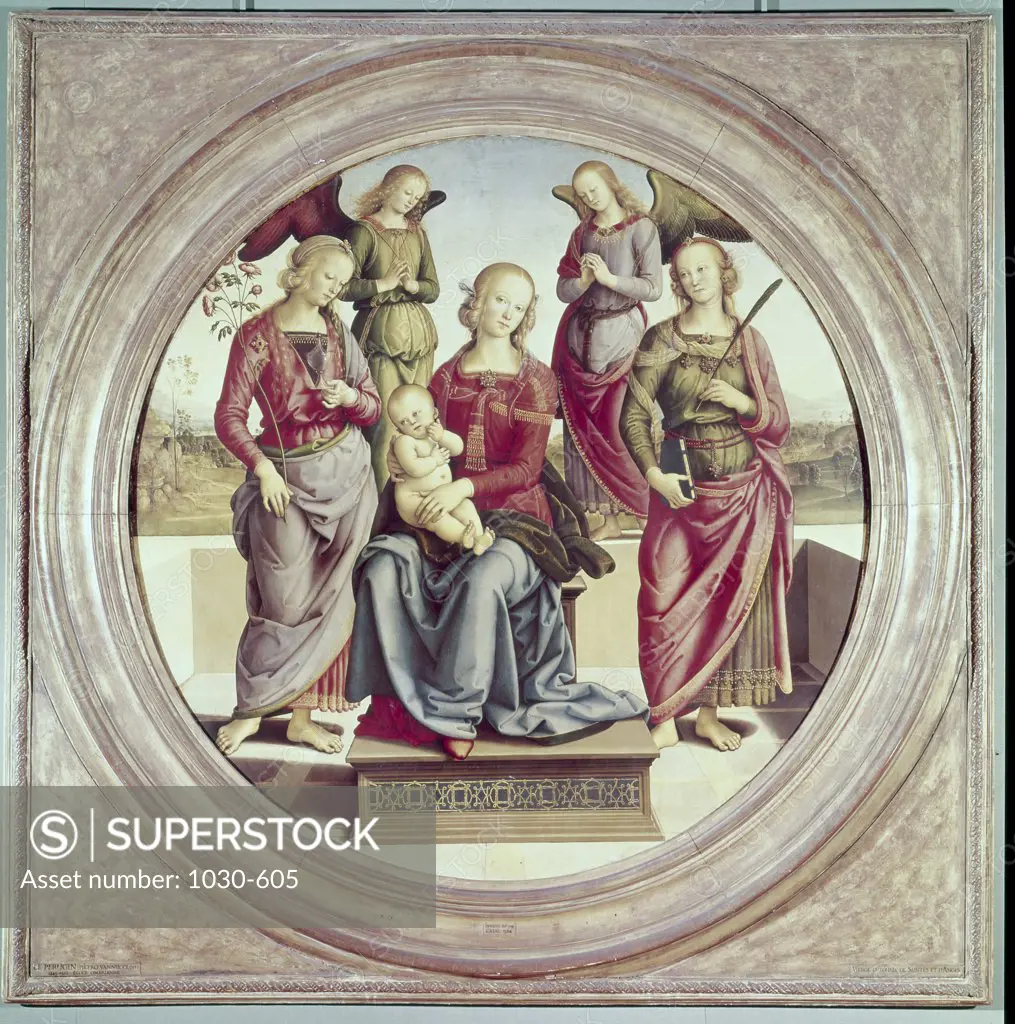 The Virgin and Child Surrounded by Two Angels, Saint Rose and Saint Catherine Pietro Perugino (ca.1450-1523 Italian) Oil on wood Musee du Louvre, Paris, France