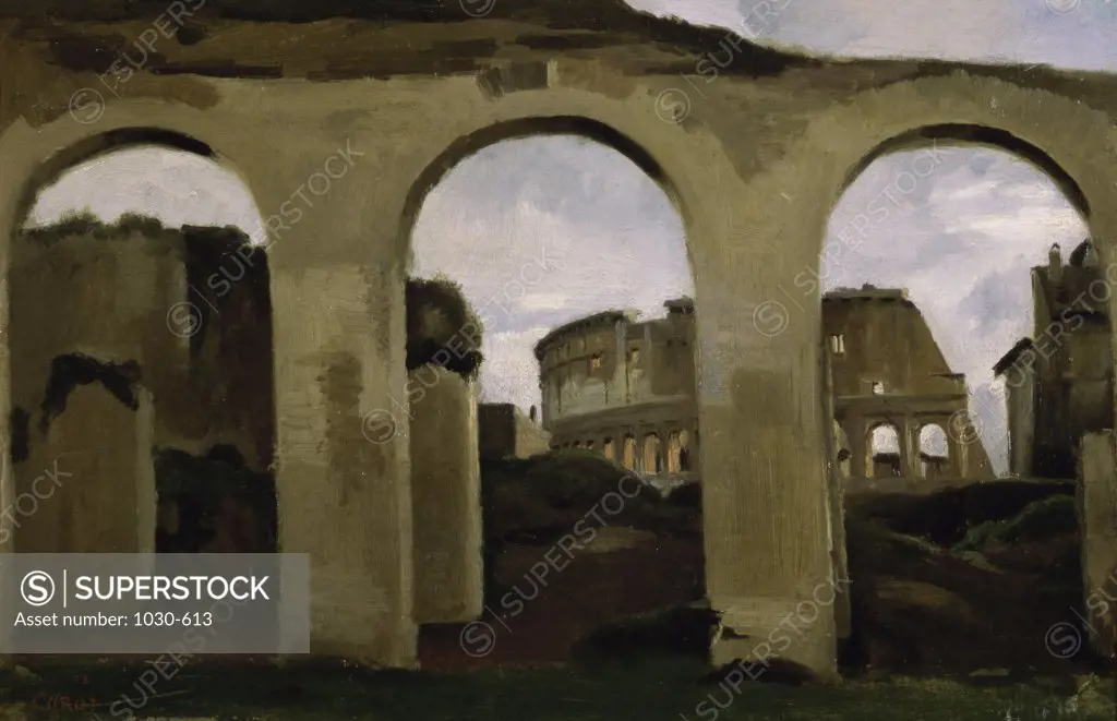 The Colosseum Seen through the Archways of the Basilica of Constantine  Before 1825  Jean Baptiste Camille Corot (1796-1875/French)  Oil on paper Musee du Louvre, Paris 