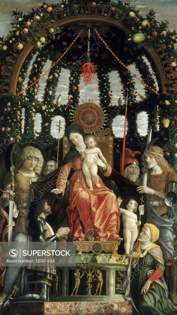 Virgin and Child Surrounded by 6 Saints (Michael, Andrew, Luke, George, Anne, or Elizabeth & Infant) After 1495 Andrea Mantegna (1431-1506/Italian) Oil on Canvas Santa Maria della Vittoria, Mantua, Italy