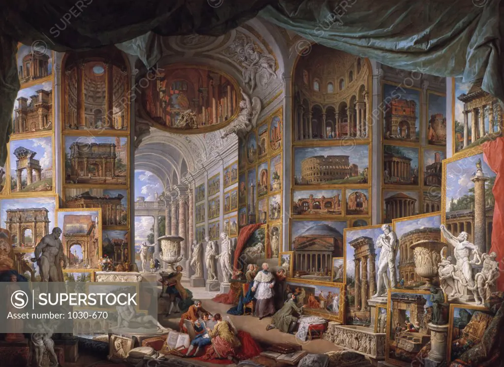Galerie De Vues De La Rome Antique Gallery Of Views Of Ancient Rome 1758 Panini, Giovanni Paolo(1692-1765 Italian) Oil On Canvas;Musee du Louvre, Paris, France 