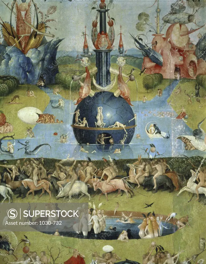 Triptych:  The Garden of Earthly Delights Central Panel:  Allegory of Luxury Detail:  Upper Center c.1500 Hieronymus Bosch (c.1450-1516/Netherlandish) Oil on Wood Museo del Prado, Madrid, Spain