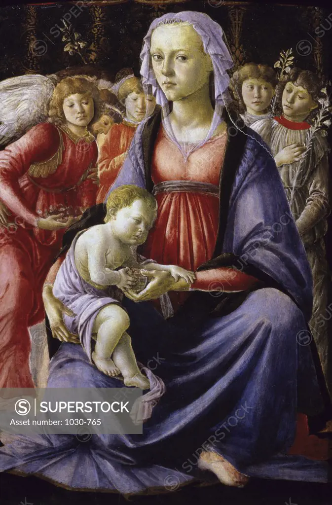 The Virgin and Child Surrounded by Five Angels Sandro Botticelli (1444-1510/Italian) Tempera on Wood Panel Musee du Louvre, Paris, France