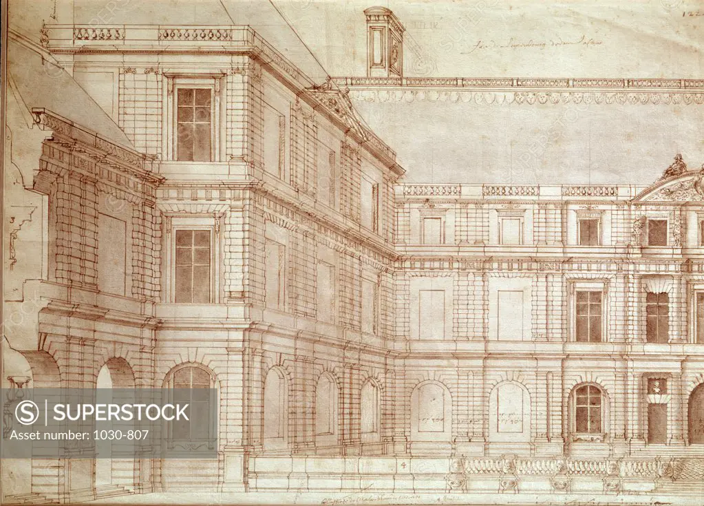 Palace of Luxemburg, North Facade Salomon de Brosse (1571-1626 French) Pen drawing Musee du Louvre, Paris, France