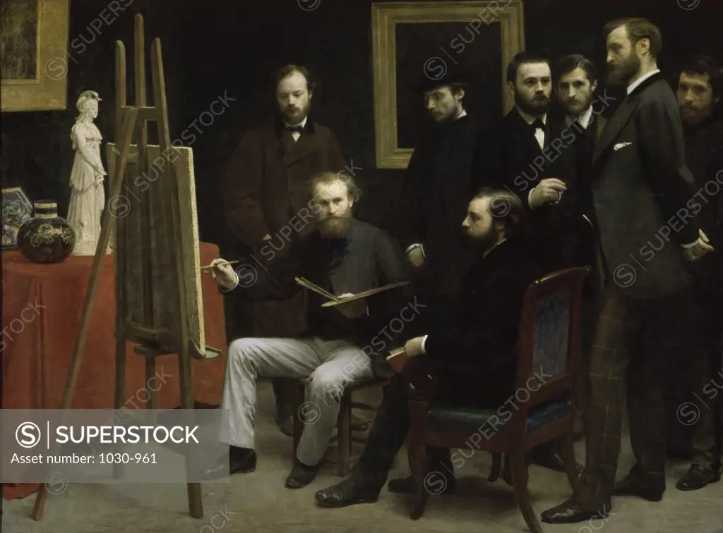 A Studio at Batignolles (L to R: Otto Scholderer, Manet, Renoir, Zacharie Astruc, Emile Zola, Edmond Fantin-Latour, Henri  1836-1904  French Musee D'Orsay, Paris 