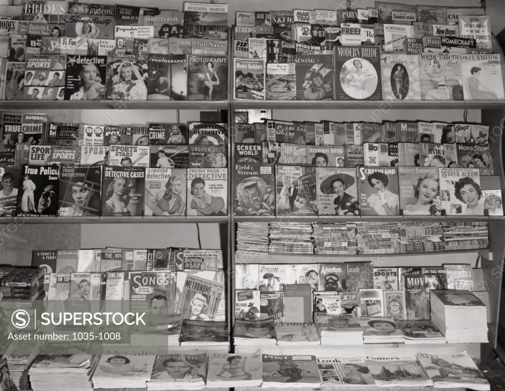 Books and magazines displayed in a bookstore, 1951