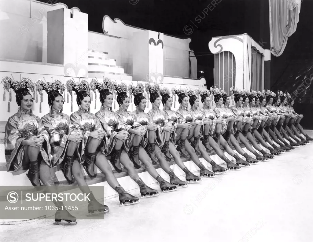 United States: c.  1959.  A line up of the Glamour-Icers, the world''s foremost skating chorus now performing  with the Holiday On Ice show.©Underwood Archives