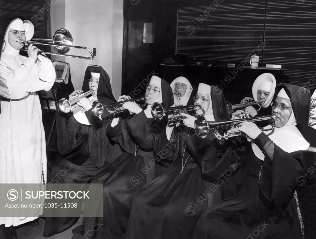 Chicago, Illinois:  July 6, 1945. Nuns from various Catholic orders rehearse at the De Paul University School of Music for a concert. The band members are music teachers at parochial schools throughout the nation.
