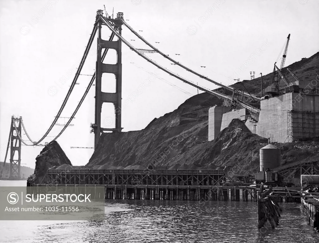 Sausalito, California:  c. 1935. The Marin anchorage of the cables for the Golden Gate Bridge that runs between San Francisco and Marin County.