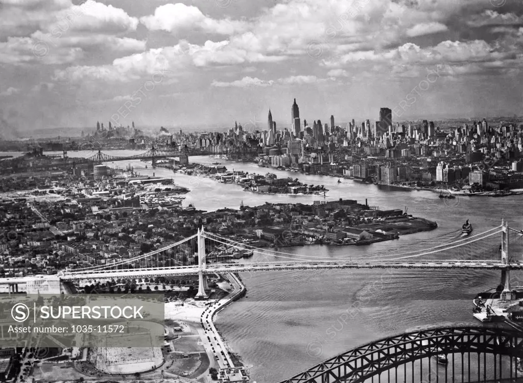New York, New York:  July 3, 1936. The $54 million WPA project Triborough Bridge is now completed and awaits the dedication by President Franklin D. Roosevelt on July 11, 1936.