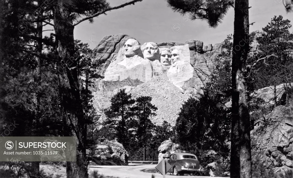 Mount Rushmore, South Dakota:  c. 1941. The finished Mount Rushmore sculpture by Guzon Borglum.