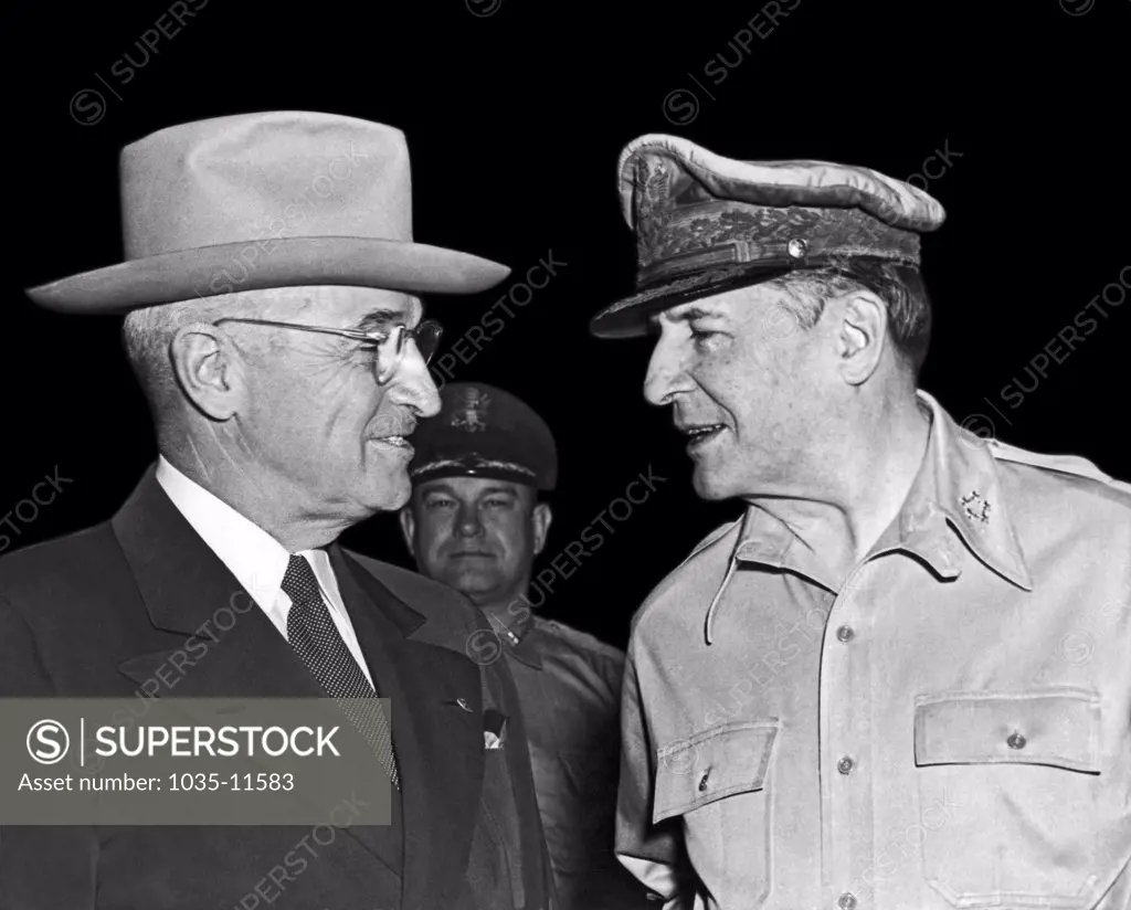 Wake Island, Pacific Ocean:  October 15, 1950. President Harry Truman and General Douglas MacArthur meet at Wake Island.