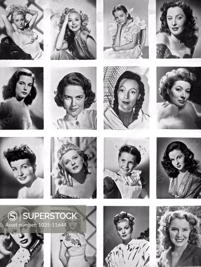 Hollywood, California: c. 1945 A collage of head shots of of 16 movie starlets showing their hair styles.