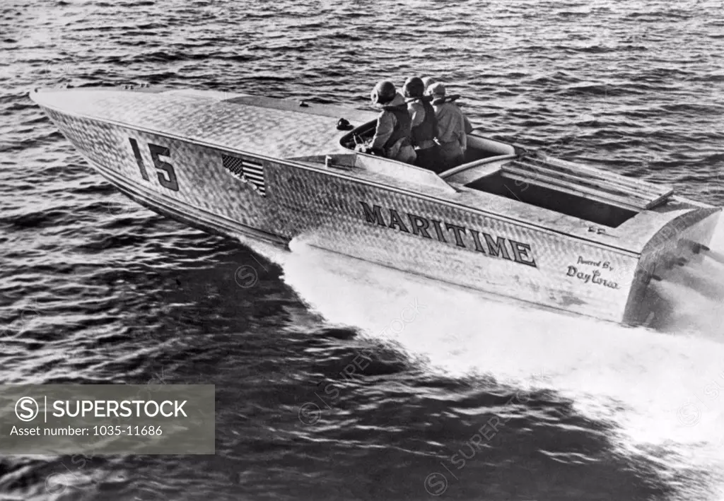 West Palm Beach, Florida  June 14, 1965 The spear-nosed aluminum power boat won the 180 mile West Palm Beach to Lucaya-Freeport Gateway Marathon. Thirty nine boats started, but only 22 finished the race.