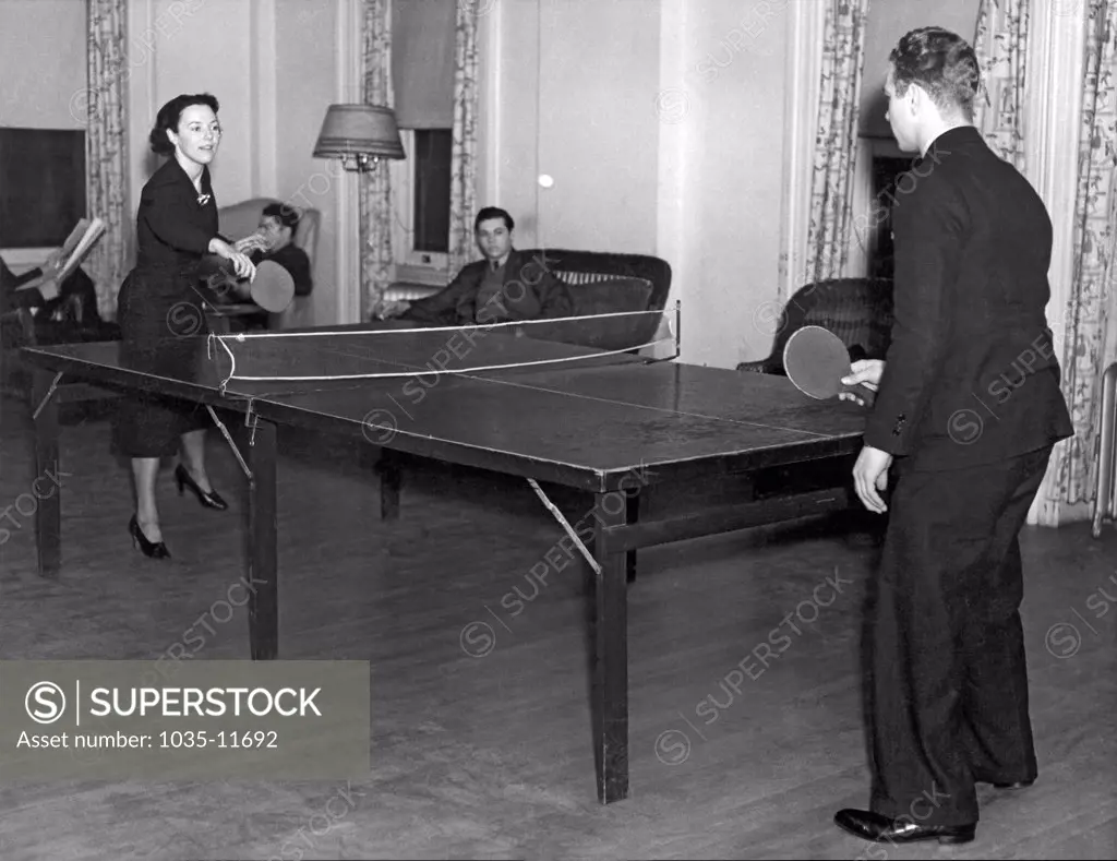 New York, New York:  c. 1939. Two students playing ping-pong in the recreation hall at Columbia University.