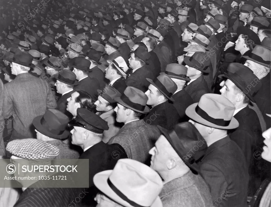 New York, New York  1938 Baseball fans at Yankee Stadium for the third game of the World Series between the New York Yankees and the Chicago Cubs.