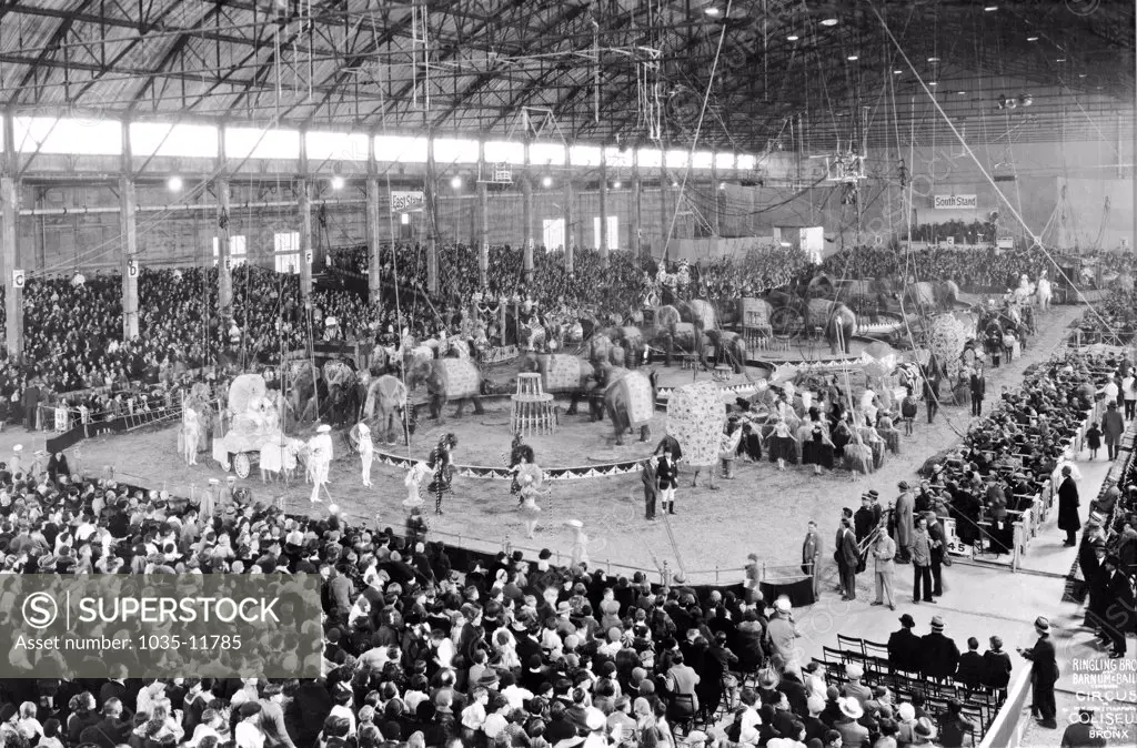 New York, New York:  1929. The  Ringling Brothers and Barnum & Bailey combined circus puts on a five ring show at the Coliseum in the Bronx.