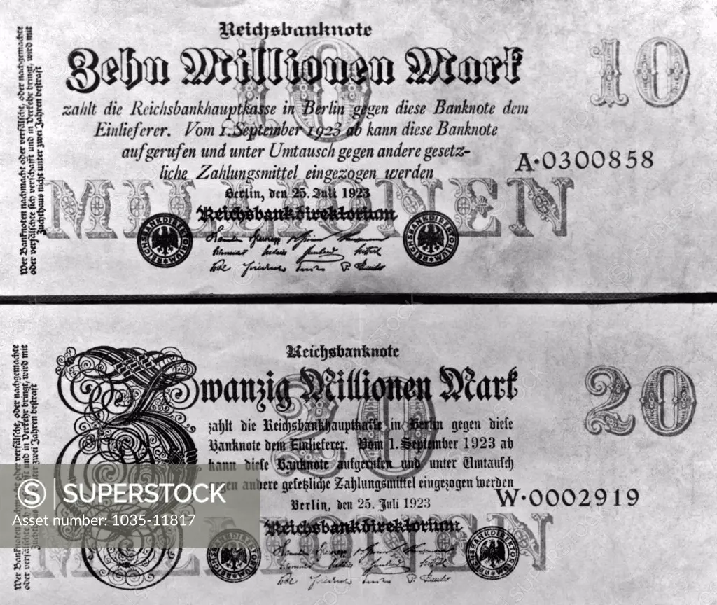 Berlin, Germany: 1923. A German ten and twenty million mark bill in July of 1923. They are the highest denomination ever printed, and Germany expects them to help her evade the present money scarcity. The exchange rate later in December 1923, was between 3.4 to 5.72 billion marks to the dollar. In January of 1923 it was between 7,000 to 48,000 marks to the dollar.