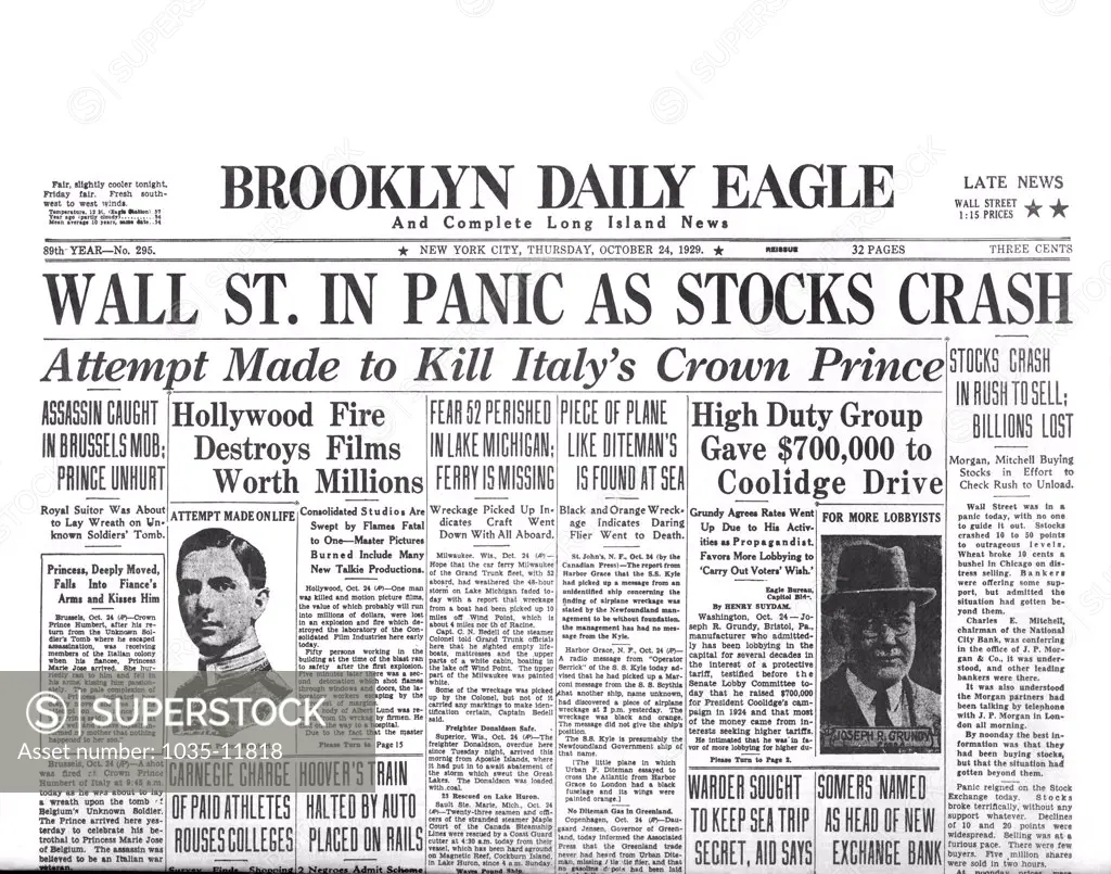 New York, New York: October 24, 1929. The Brooklyn Daily Eagle headlines for Black Thursday, the first day of the stock market crash of 1929.