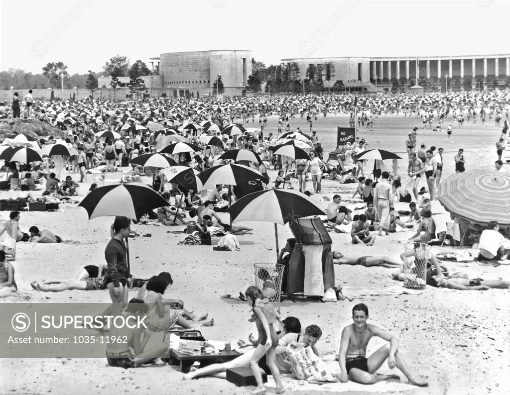 New York, New York:  July, 1938. A warm day in July at Orchard Beach near City Island in the Bronx.