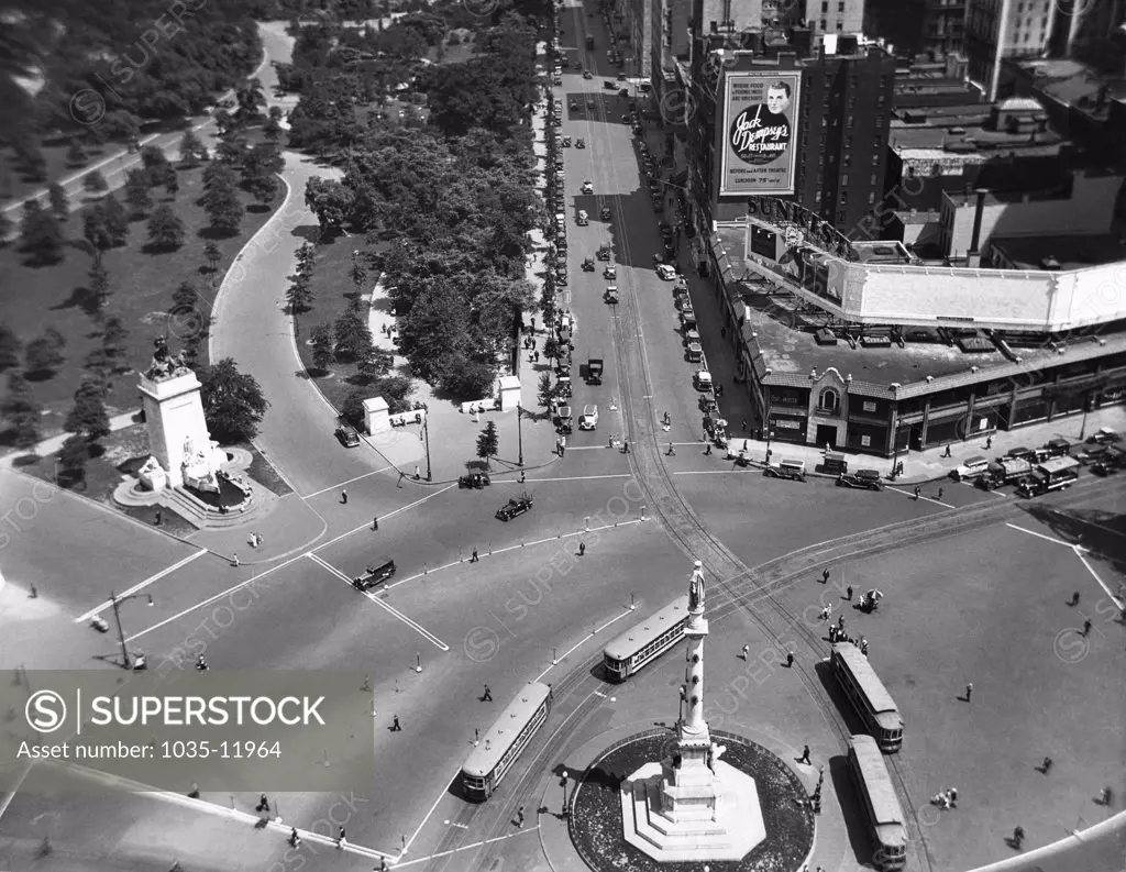 New York, New York:   c. 1930's. An aerial view of Columbus Circle at the SW corner of Central Park at 59th St.