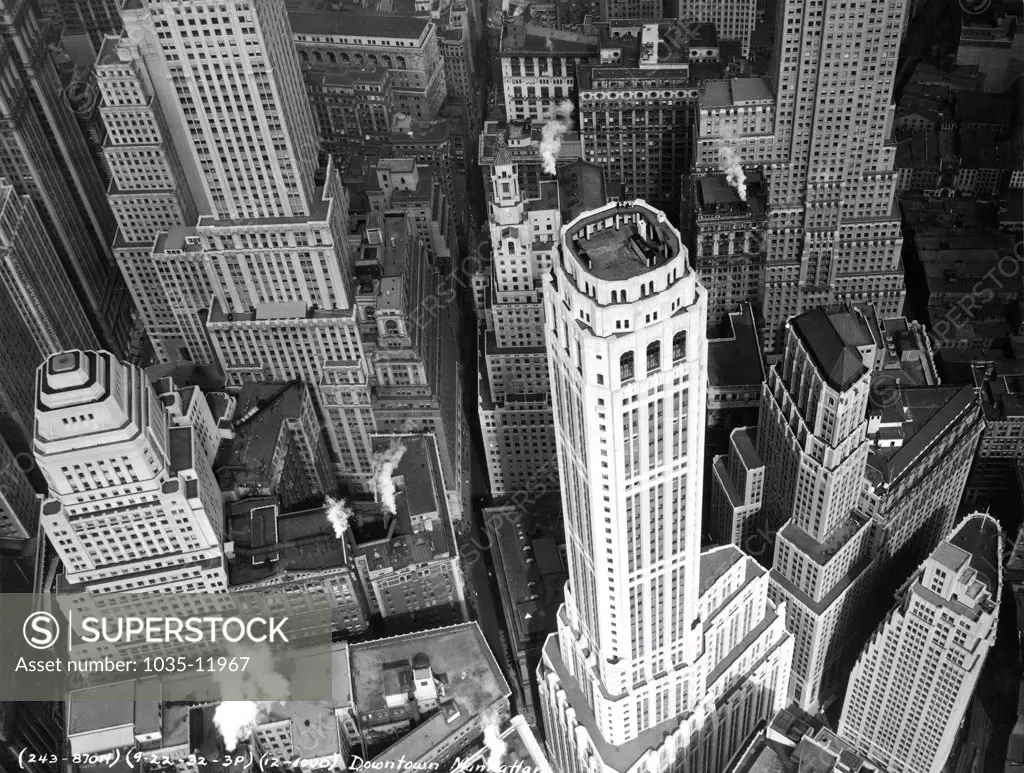 New York, New York:  September 22, 1932. The financial district with the City Bank Farmers Trust Building in the center right. It  was the world's fourth tallest building when it was built in 1931 at 20 Exchange Place