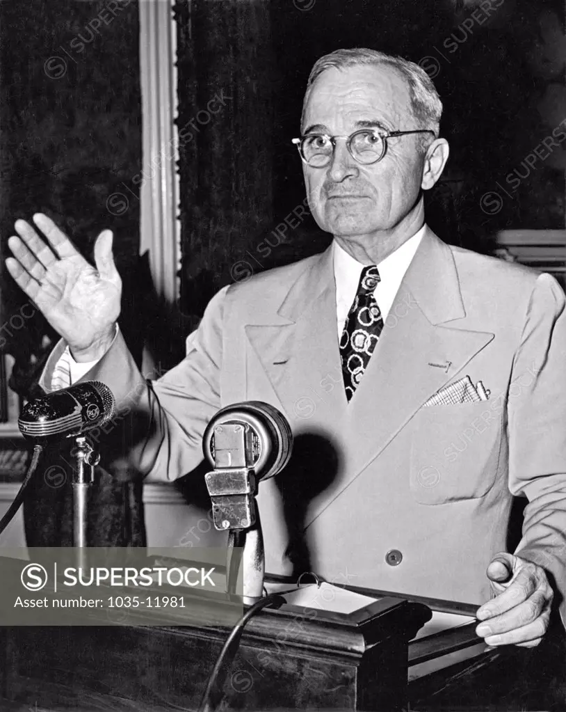 Washington, D.C.:   May 24, 1946. Truman concluding a press conference about the ongoing railroad strike, declaring that if the workers were not back on the job the next day, he would call upon the armed forces to help run the railroad and protect the strike breakers.