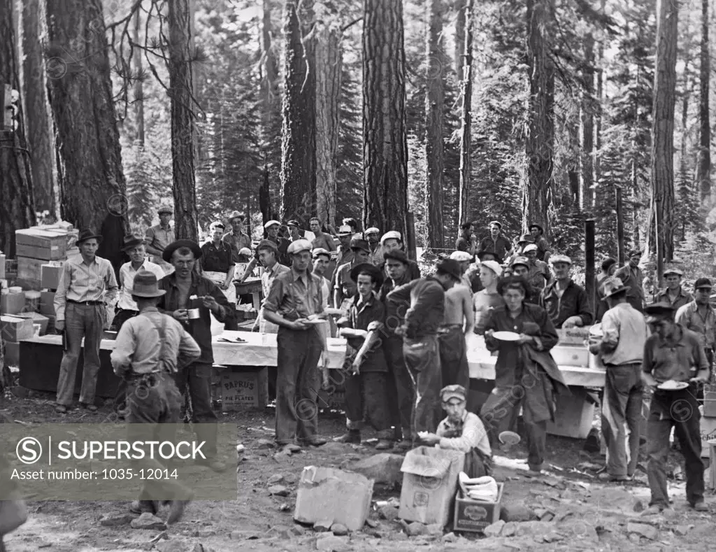 Eagle Lake, Oregon:  c. 1940. The logging crew at Eagle Lake take a meal break.