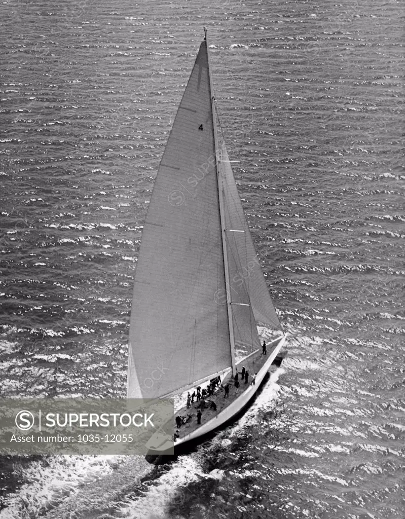 Marblehead, Massachusetts:  February, 1937. Harold Vanderbilt's 'Rainbow', the 1934 America's Cup defender, which is rumored to have been purchased by Chandler Hovey, Commodore of the Eastern Yacht Club.