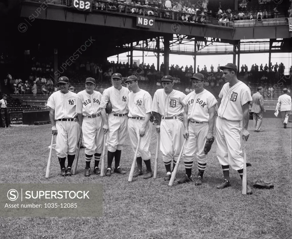 Washington, D.C.:  July 7, 1937. Baseball's top players who will play in the 5th All-Star game to day at Griffith Stadium in Washington DC.  Left to right: Lou Gehrig, Joe Cronin, Bill Dickey, Joe DiMaggio, Charley Gehringer, Jimmie Foxx, and Hank Greenberg,